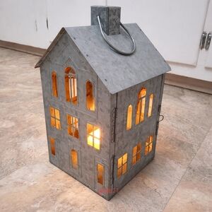 Galvanized Steel Metallic Silver House-Shaped Lantern Candle Holder